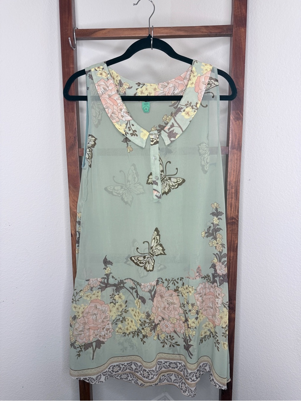 FARM Rio Green Butterfly Floral Chiffon Mini Dress Size G Large